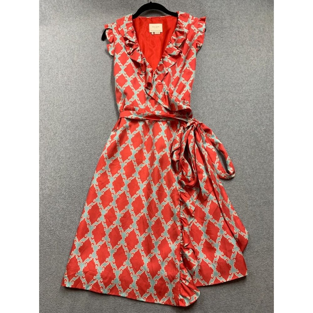 Kate Spade Dress Womens 10 Pink Blue Aubrey Silk Wrap Lined Ruffled Plunge Neck